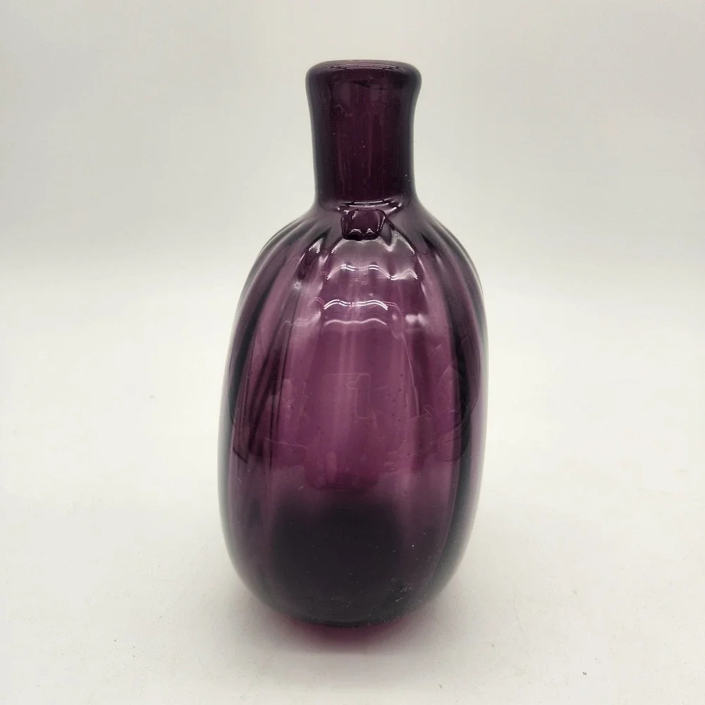 MMA Signed Purple Art Glass Bud Vase Hand Blown Ribbed Amethyst Round 4.5